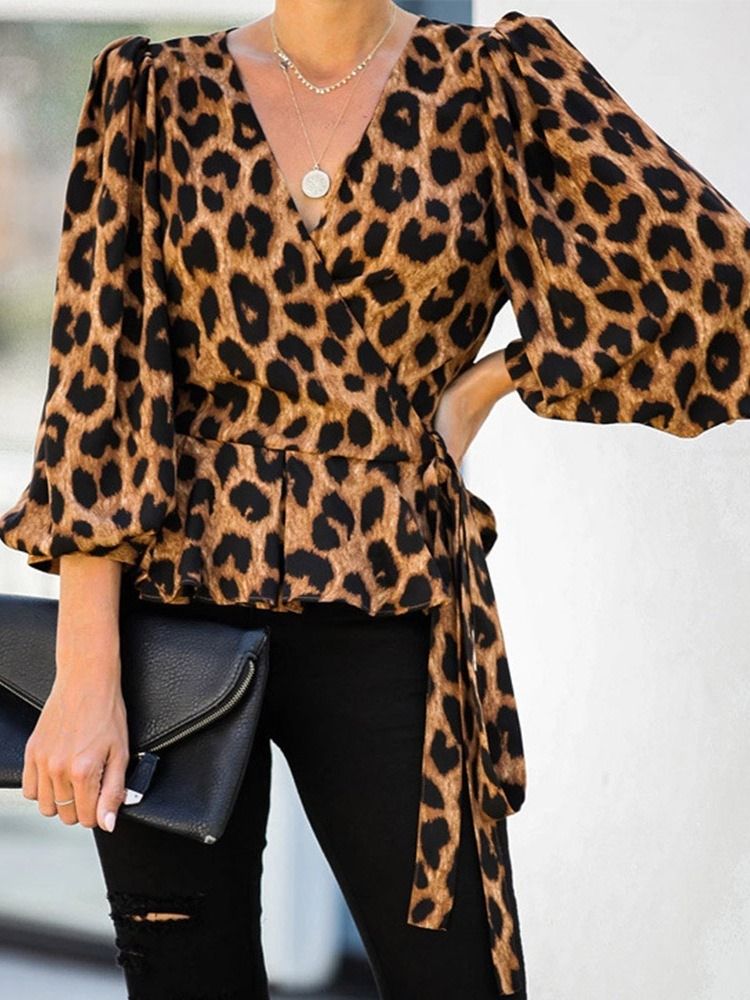Lantern Ärm V-Hals Leopard Tre Fjärdedels Ärm Standard Blus