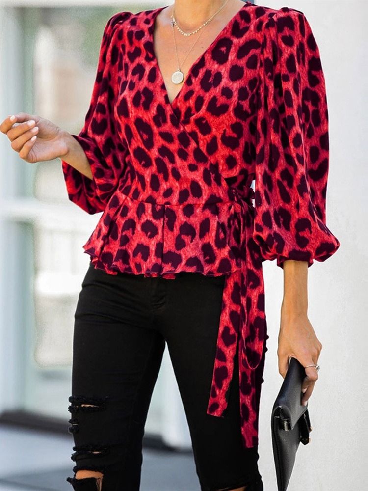 Lantern Ärm V-Hals Leopard Tre Fjärdedels Ärm Standard Blus