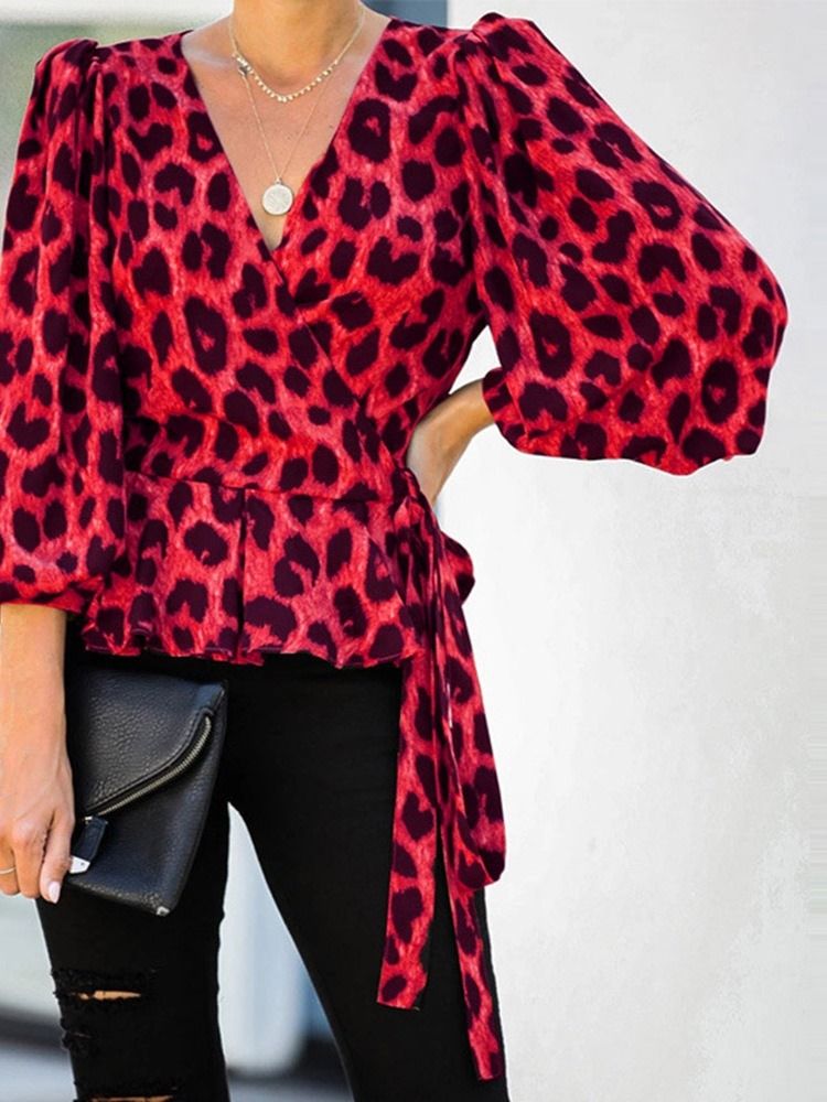 Lantern Ärm V-Hals Leopard Tre Fjärdedels Ärm Standard Blus