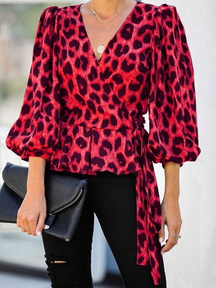 Lantern Ärm V-Hals Leopard Tre Fjärdedels Ärm Standard Blus