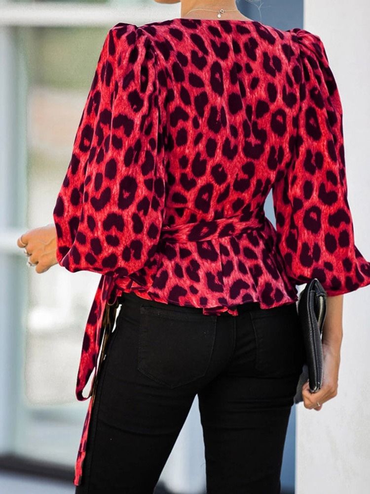 Lantern Ärm V-Hals Leopard Tre Fjärdedels Ärm Standard Blus