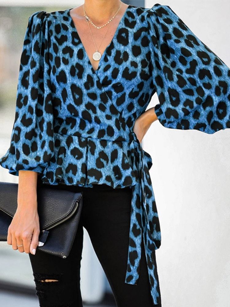 Lantern Ärm V-Hals Leopard Tre Fjärdedels Ärm Standard Blus