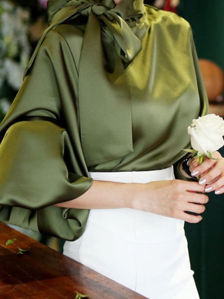 Lantern Sleeve Bowknot Plain Standard Blus