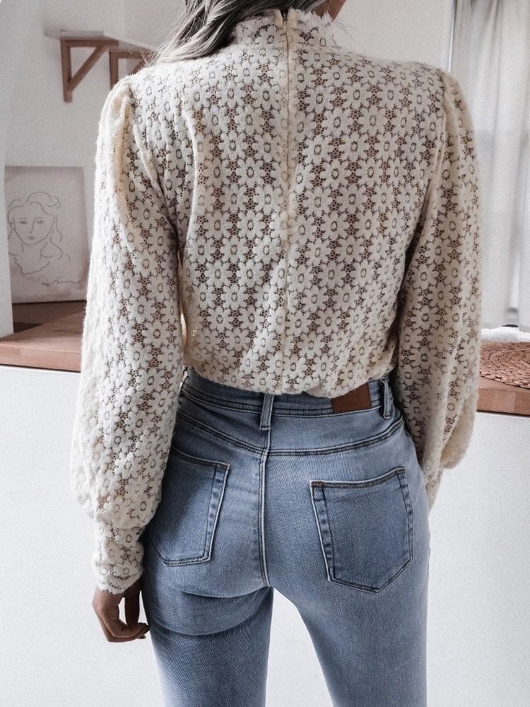Lantern Sleeve Floral Stand Collar Långärmad Standard Damblus