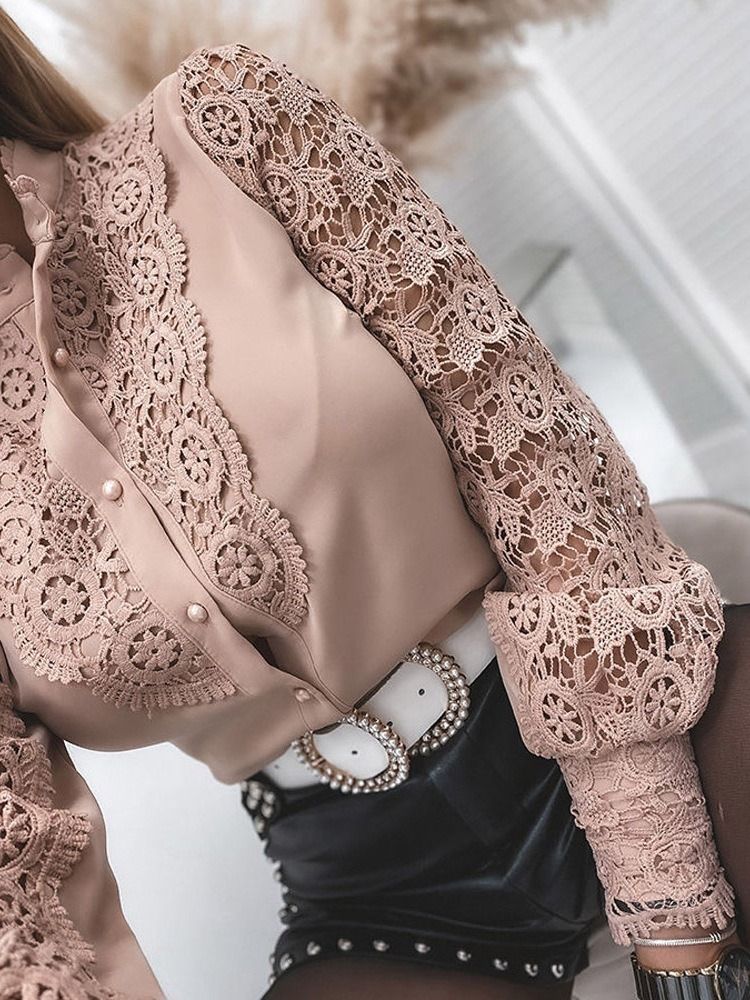 Lantern Sleeve Hollow Stand Collar Långärmad Standard Damblus