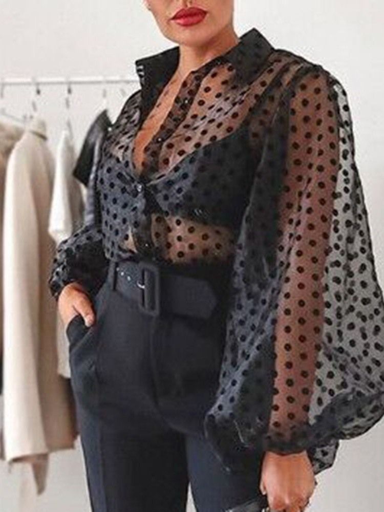Lantern Sleeve Lapel Polka Dots Långärmad Standardblus För Kvinnor