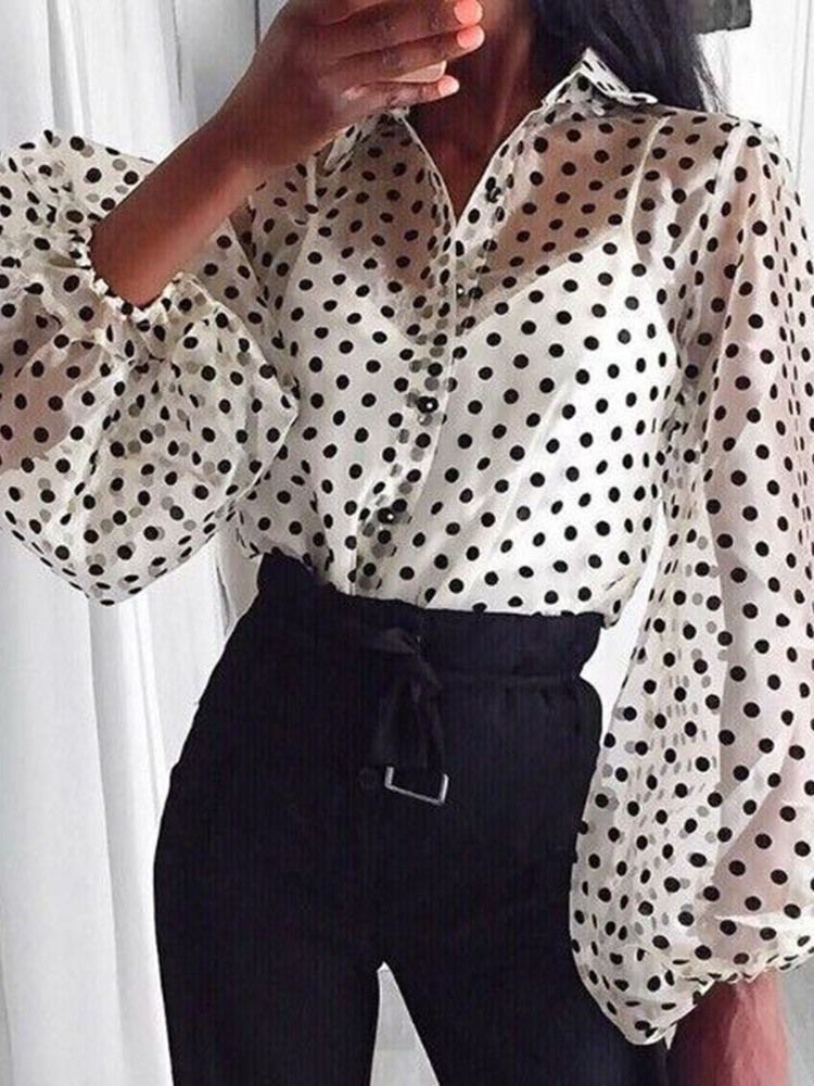 Lantern Sleeve Lapel Polka Dots Långärmad Standardblus För Kvinnor