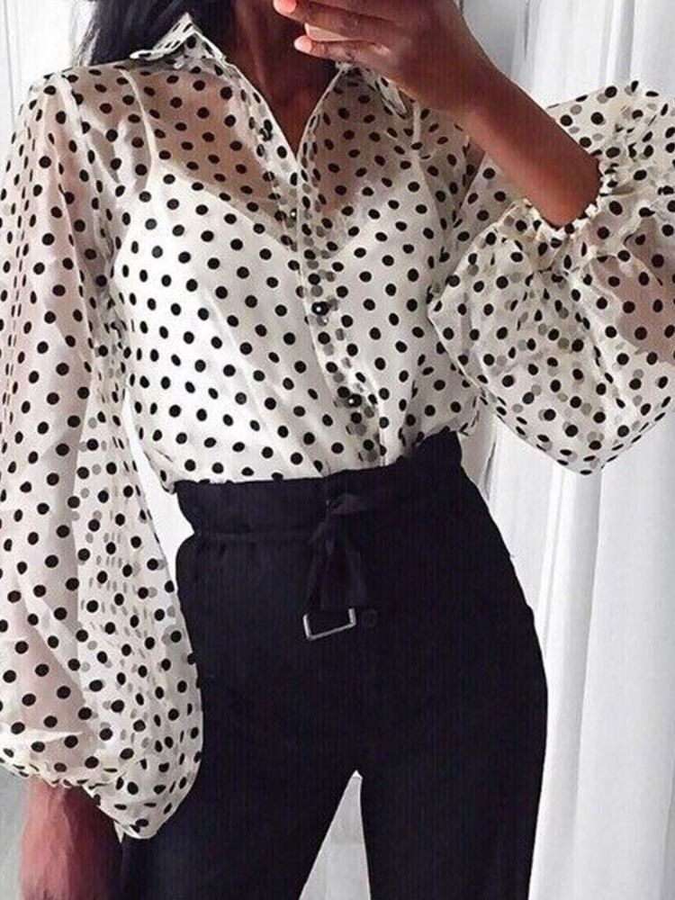 Lantern Sleeve Lapel Polka Dots Långärmad Standardblus För Kvinnor