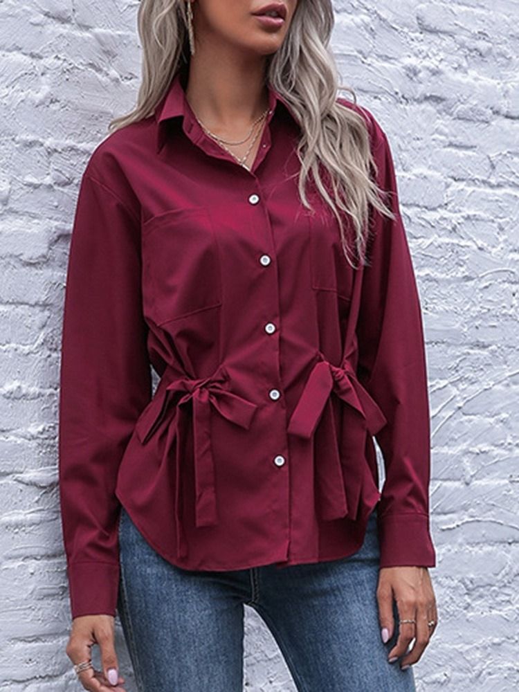 Lapel Bowknot Vanlig Långärmad Standardblus För Kvinnor