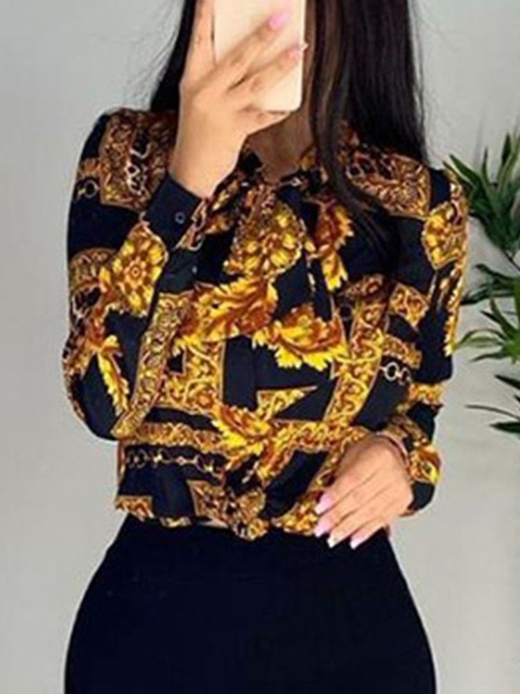 Lapel Normal Print Långärmad Standard Blus