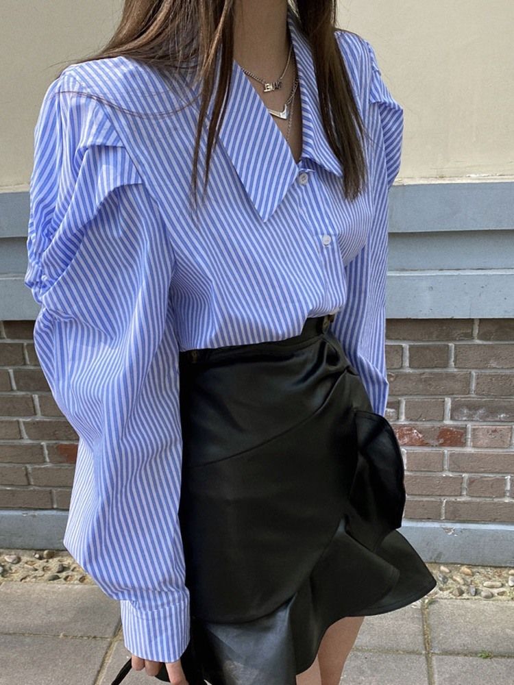 Lapel Patchwork Stripe Långärmad Standardblus För Kvinnor