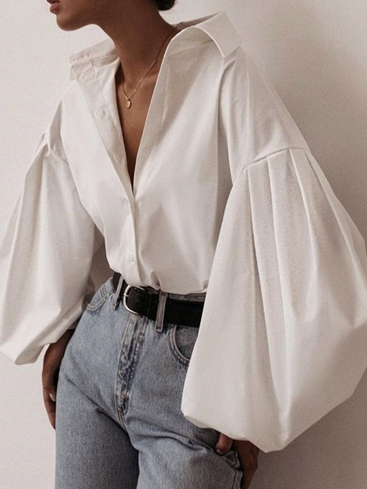 Lapel Plain Lantern Sleeve Långärmad Standardblus