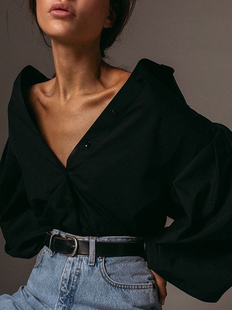 Lapel Plain Lantern Sleeve Långärmad Standardblus