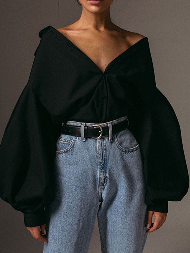 Lapel Plain Lantern Sleeve Långärmad Standardblus