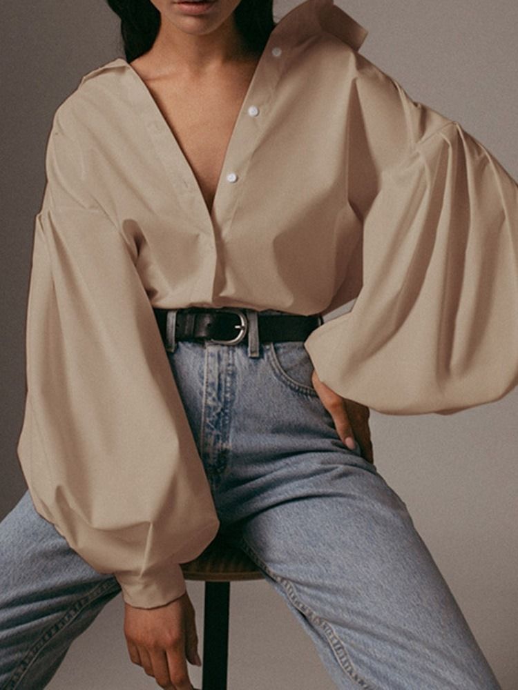 Lapel Plain Lantern Sleeve Långärmad Standardblus
