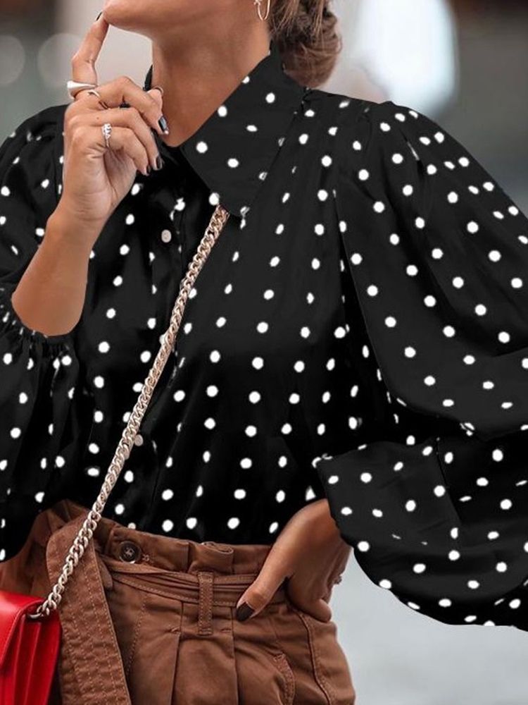 Lapel Polka Dots Knapp Mellanlång Långärmad Blus