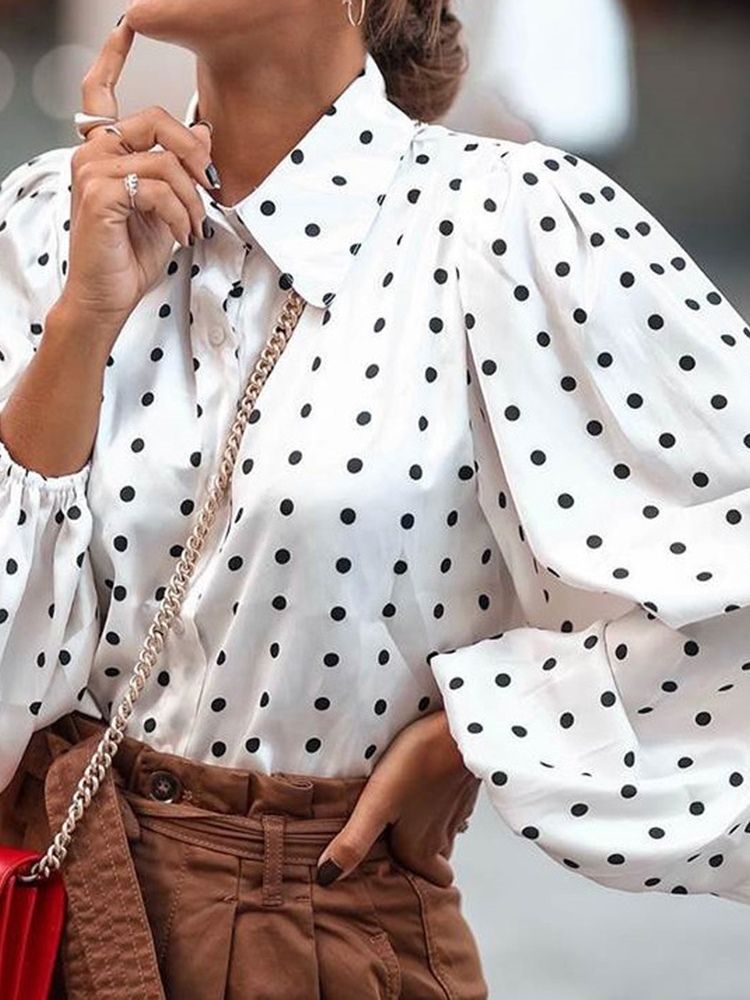 Lapel Polka Dots Knapp Mellanlång Långärmad Blus