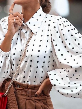 Lapel Polka Dots Knapp Mellanlång Långärmad Blus