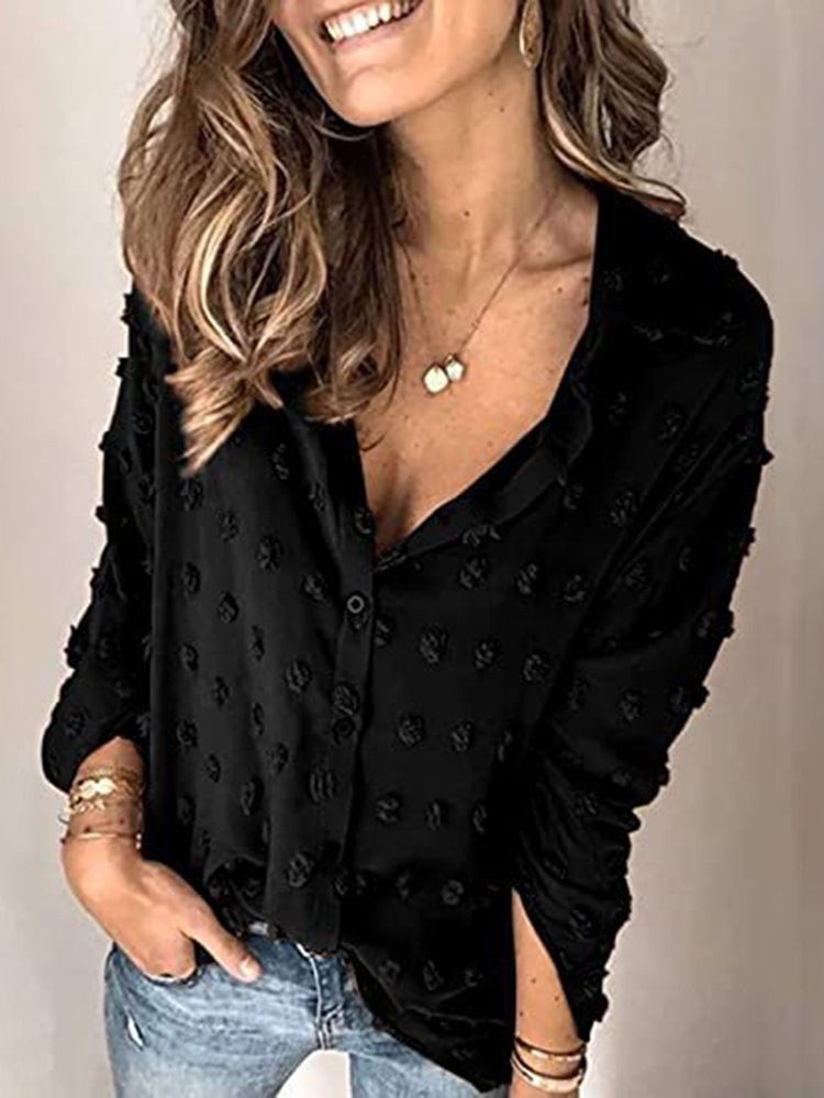Lapel Polka Dots Vanlig Långärmad Mellanlång Blus