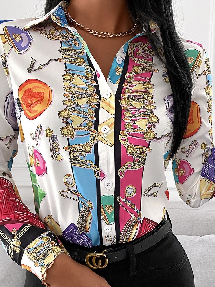 Lapel Print Vanlig Långärmad Damblus