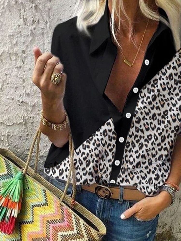 Lapel Regular Leopard Långärmad Standardblus