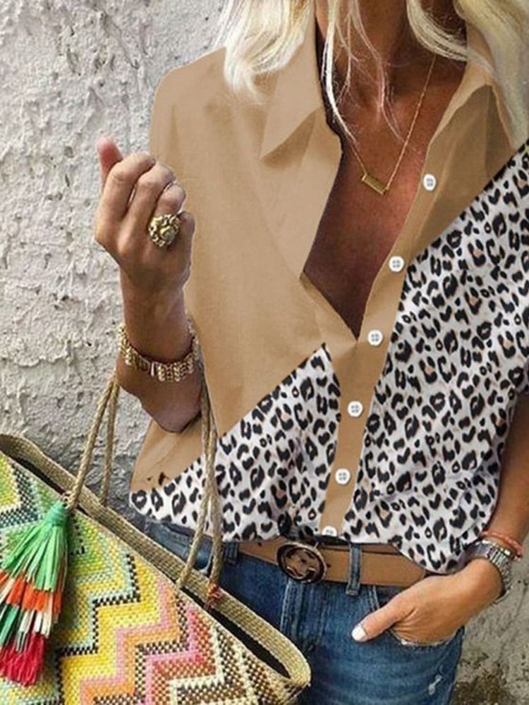 Lapel Regular Leopard Långärmad Standardblus