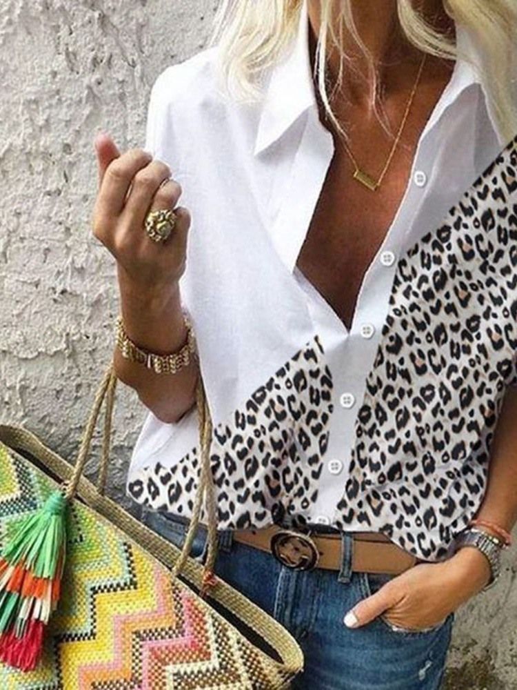 Lapel Regular Leopard Långärmad Standardblus