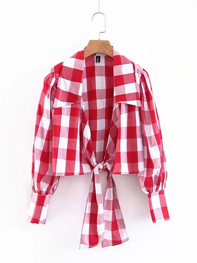 Lapel Rutig Lace-Up Långärmad Kort Blus För Kvinnor