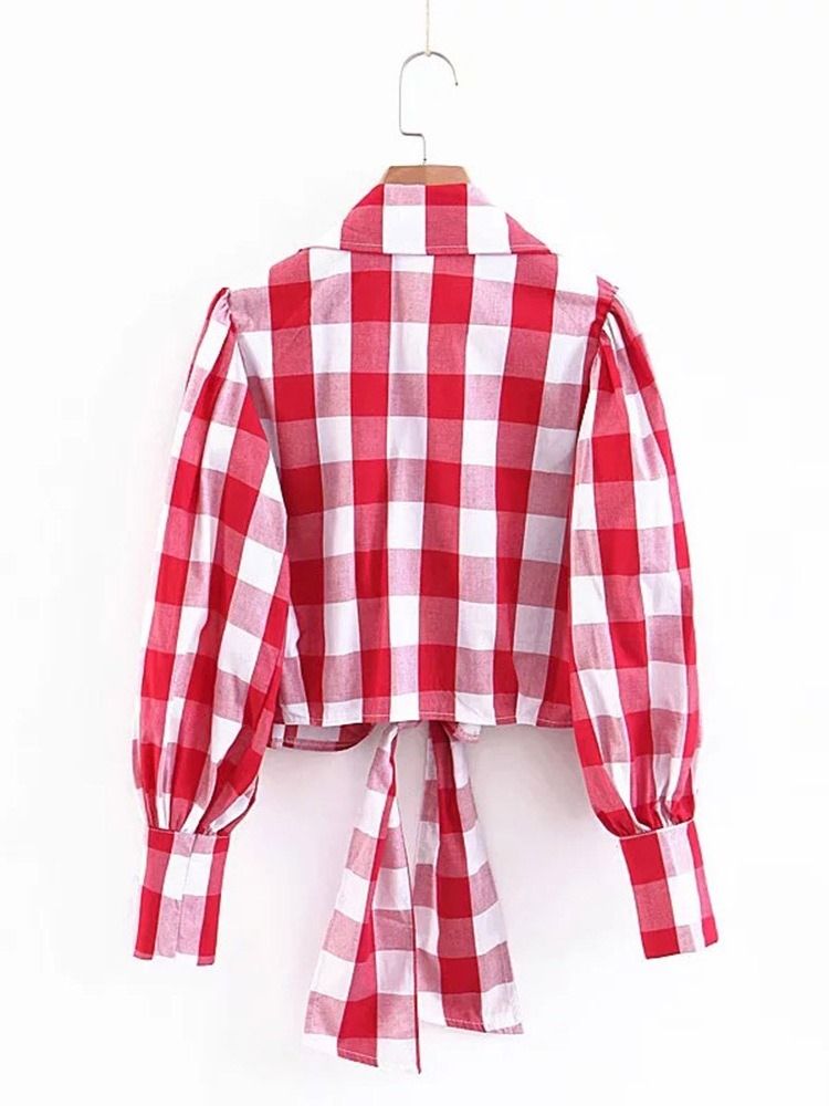 Lapel Rutig Lace-Up Långärmad Kort Blus För Kvinnor