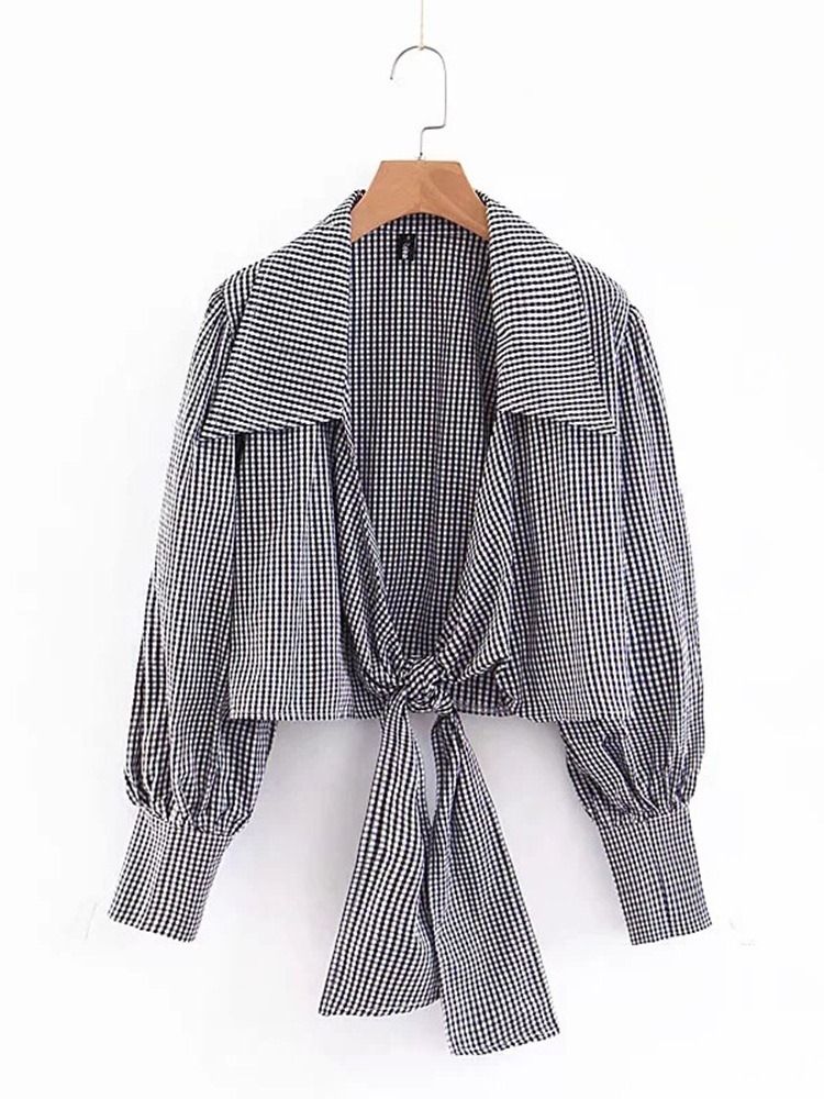 Lapel Rutig Lace-Up Långärmad Kort Blus För Kvinnor