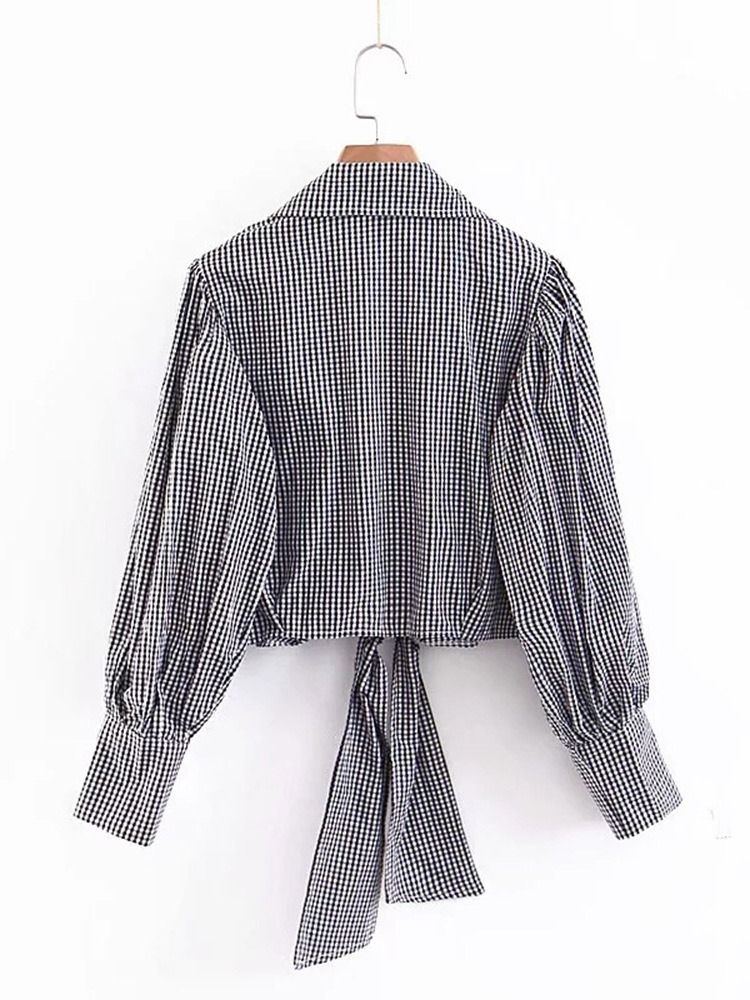 Lapel Rutig Lace-Up Långärmad Kort Blus För Kvinnor