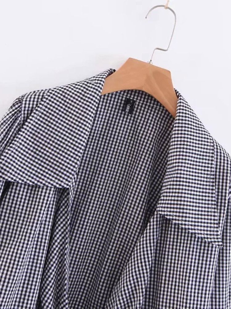 Lapel Rutig Lace-Up Långärmad Kort Blus För Kvinnor