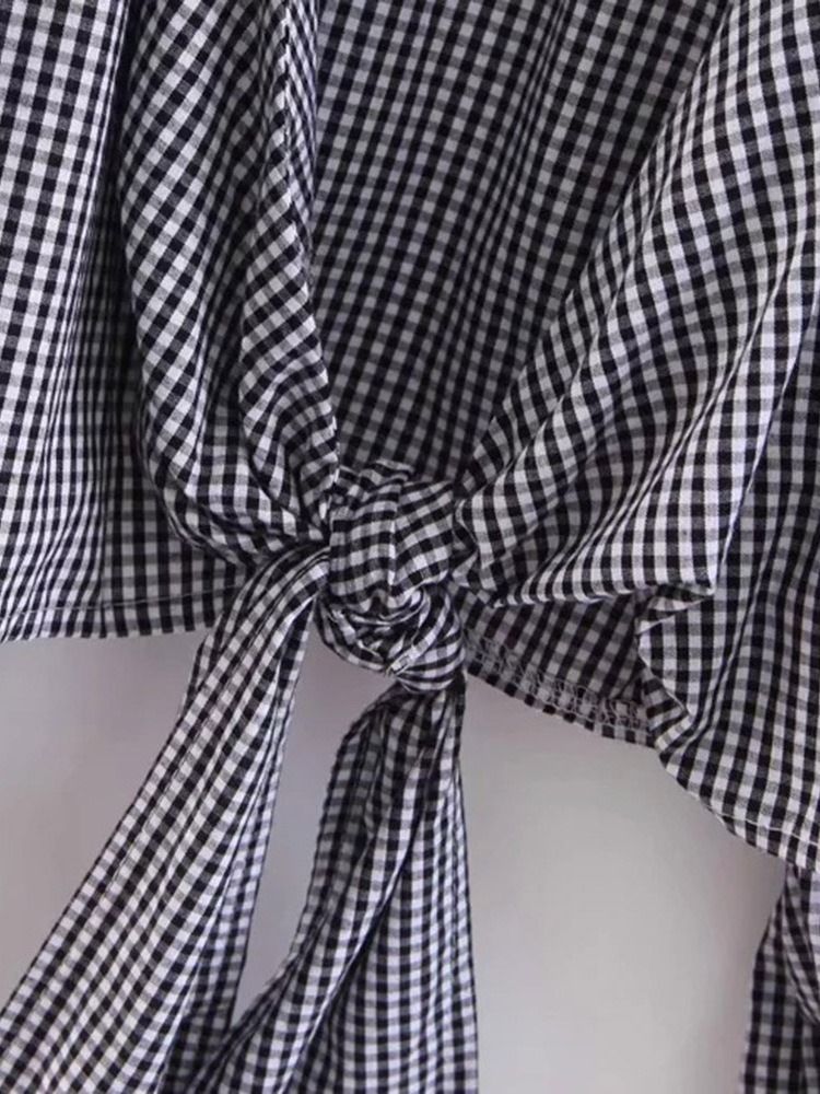 Lapel Rutig Lace-Up Långärmad Kort Blus För Kvinnor