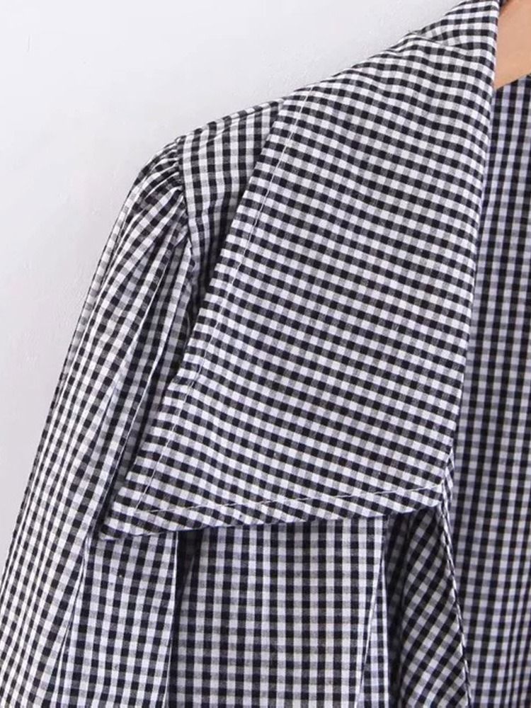 Lapel Rutig Lace-Up Långärmad Kort Blus För Kvinnor