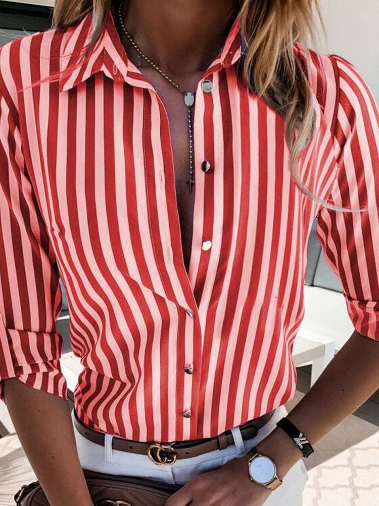 Lapel Stripe Button Långärmad Standardblus För Kvinnor