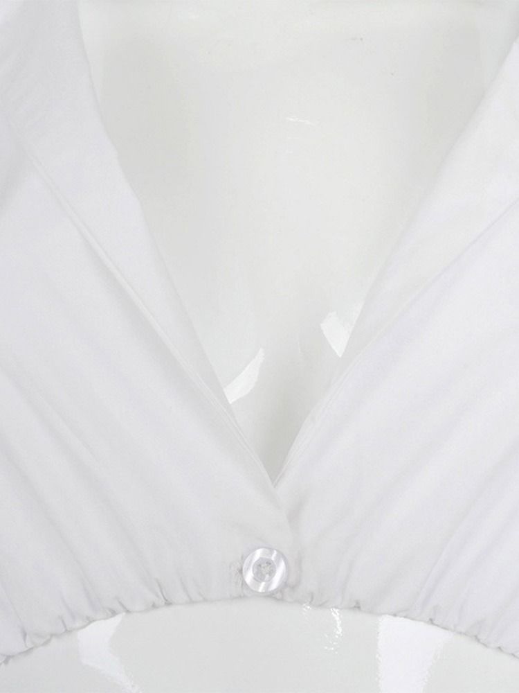 Lapel Vanlig Veckad Kort Långärmad Vit Blus För Kvinnor