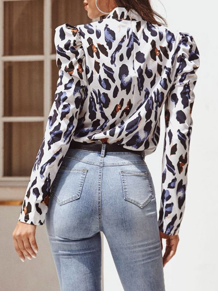 Leopard Regular Stand Collar Standard Långärmad Damblus