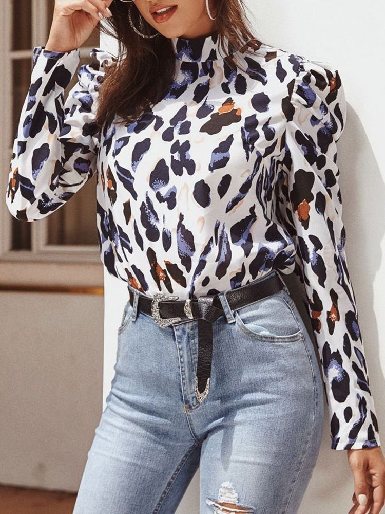 Leopard Regular Stand Collar Standard Långärmad Damblus