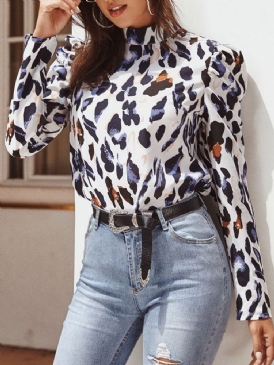 Leopard Regular Stand Collar Standard Långärmad Damblus