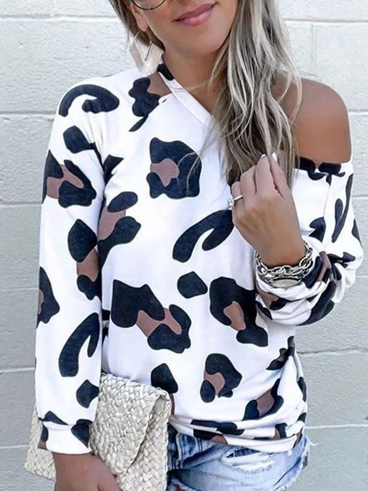 Leopard Standard Långärmad Lös T-Shirt För Kvinnor