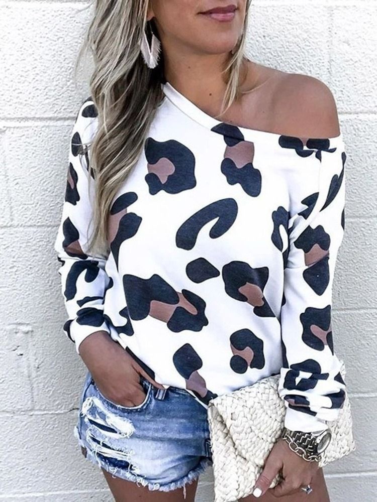 Leopard Standard Långärmad Lös T-Shirt För Kvinnor
