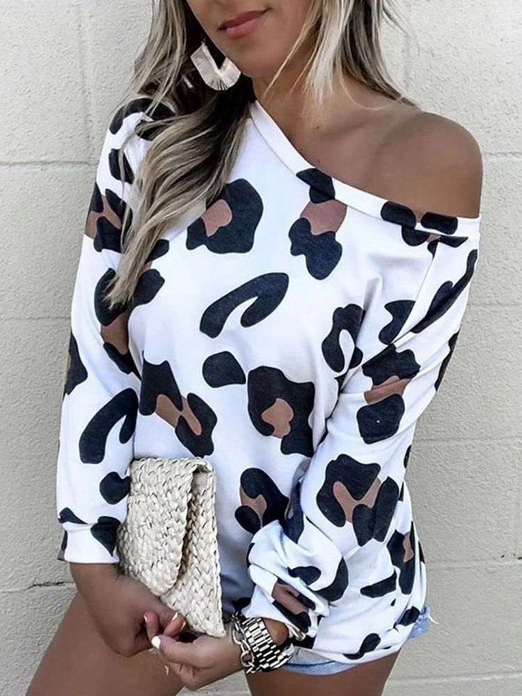 Leopard Standard Långärmad Lös T-Shirt För Kvinnor