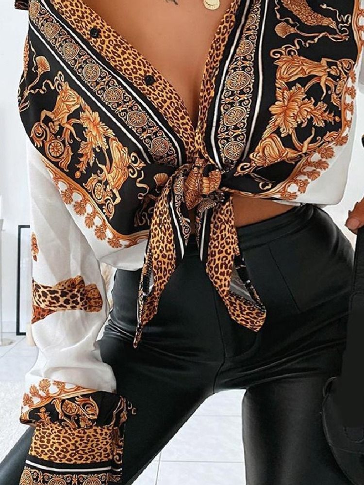 Leopardmönstrad Vanlig Långärmad Blus För Kvinnor