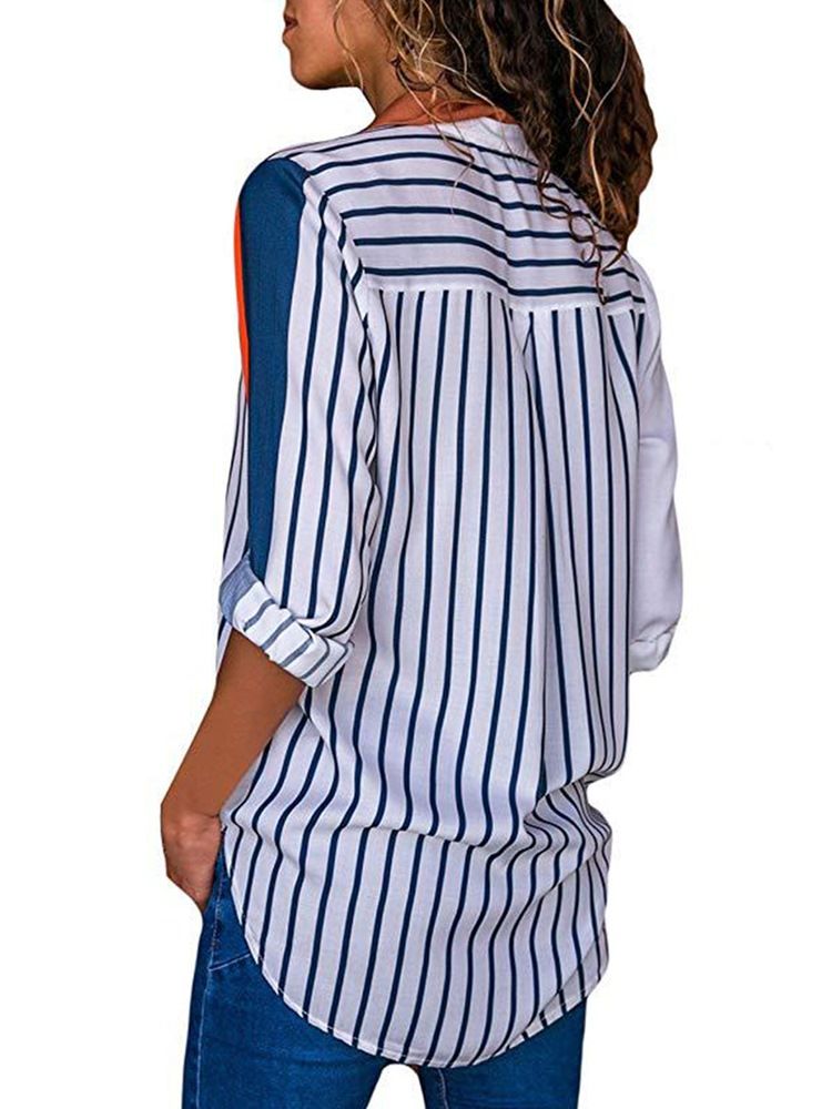 Loose Stripe Color Block Enkelknäppt Långärmad Blus