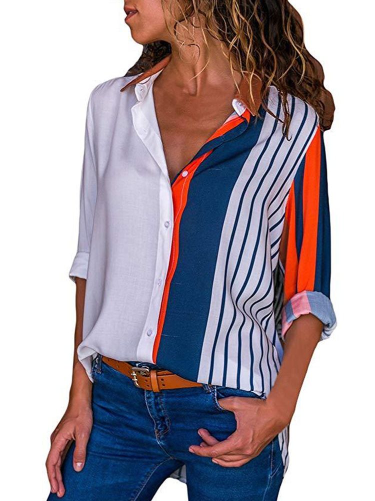 Loose Stripe Color Block Enkelknäppt Långärmad Blus
