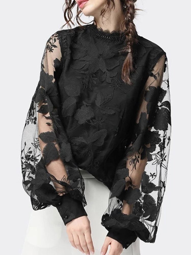 Mesh Blommig Stativkrage Standard Långärmad Damblus