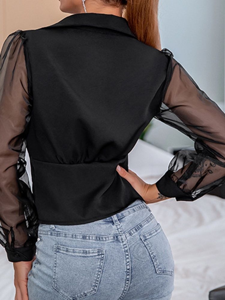 Mesh Enfärgad Lapel Långärmad Kort Blus