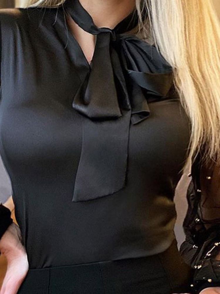 Mesh Svart Bowknot Långärmad Standardblus