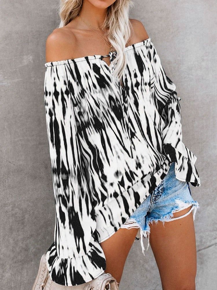 Off Shoulder Flare Sleeve Color Block Blus