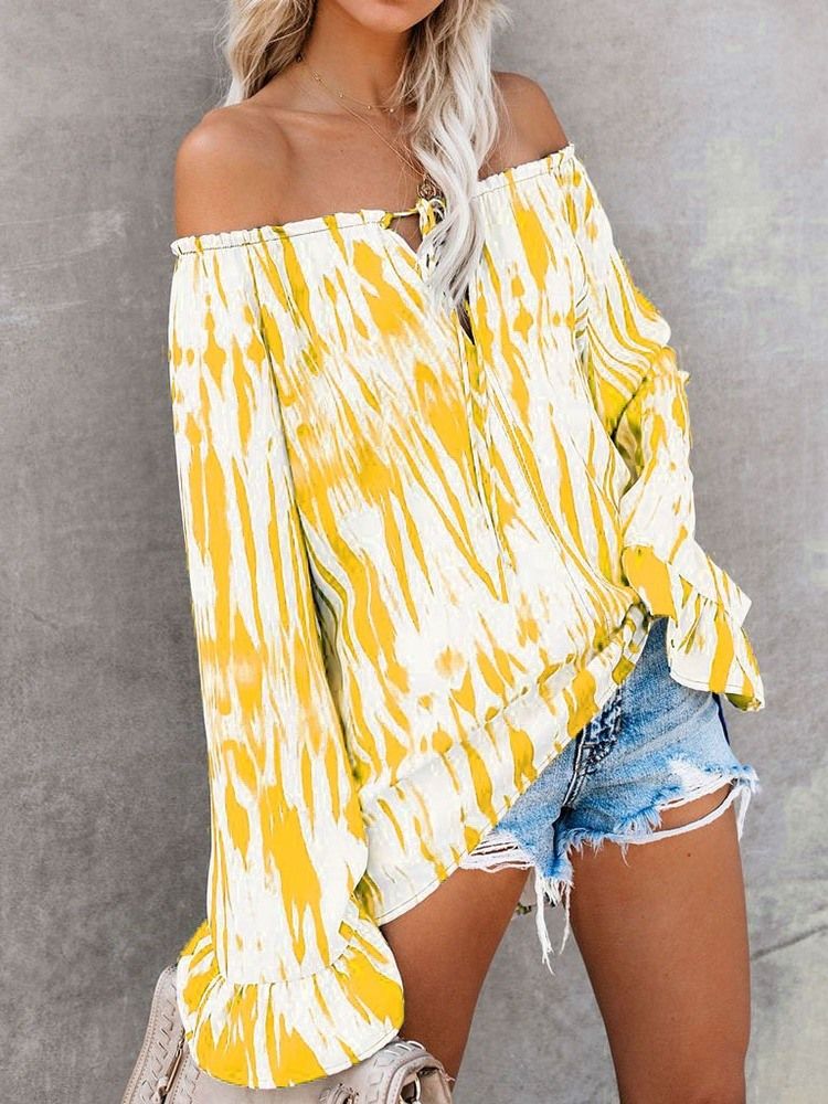 Off Shoulder Flare Sleeve Color Block Blus